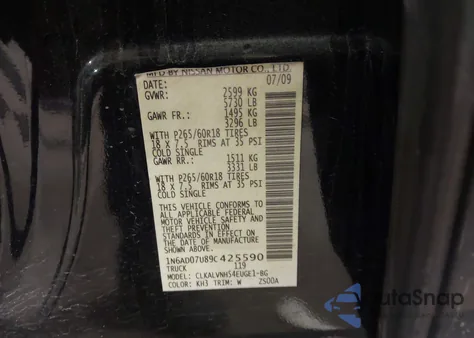 2009 Nissan Frontier Le z USA, uszkodzony, nr VIN 1N6AD07U89C425590